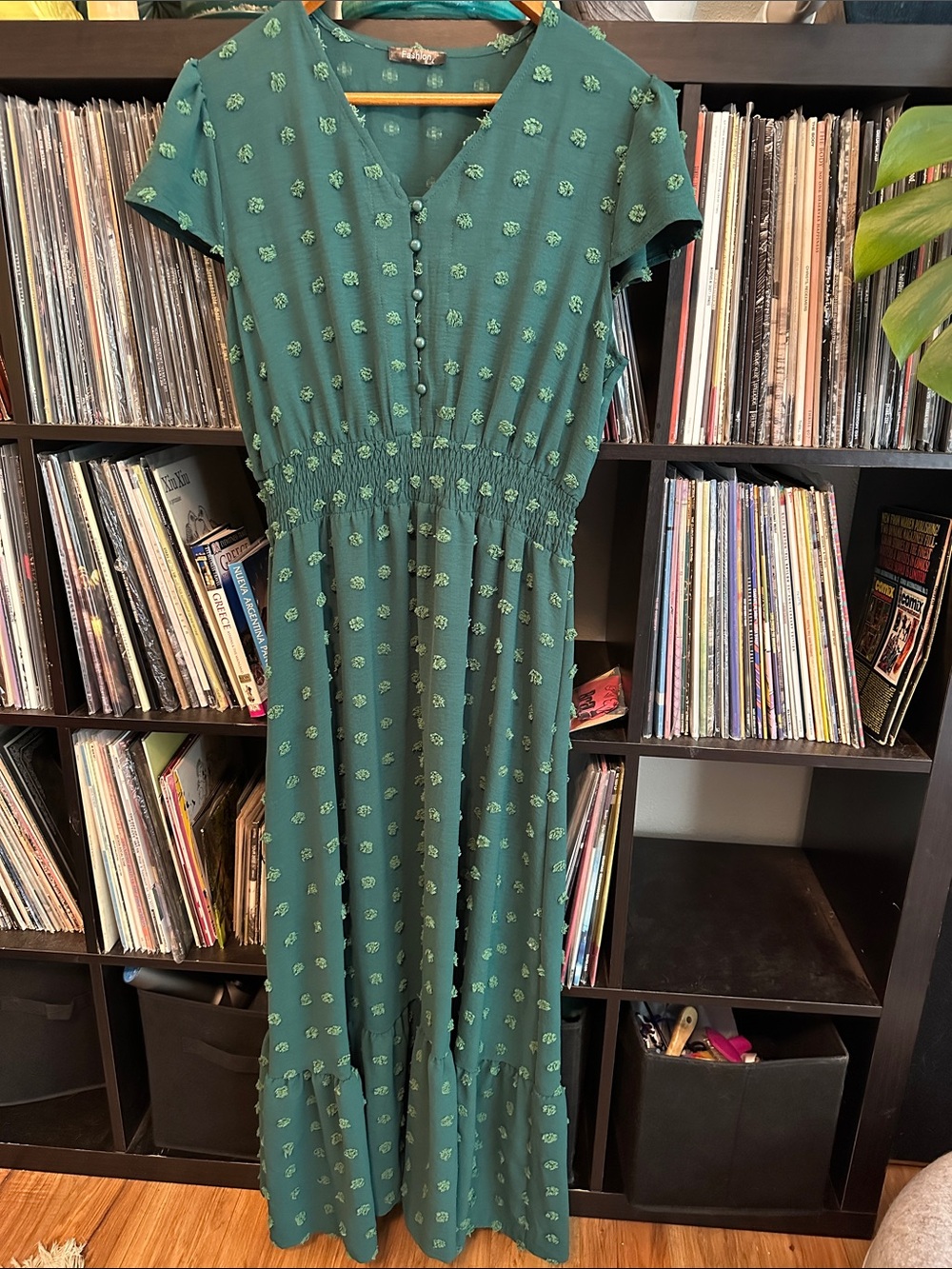 Textured Green Maxi Dress with Smocked Waist